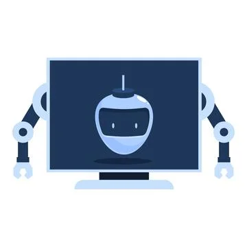 Cute robot looking out from computer screen holding it with arms Stock Illustration