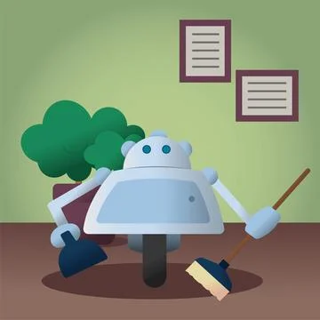 Cute robot machine cleaning floor with broom Vector Illustrazione stock