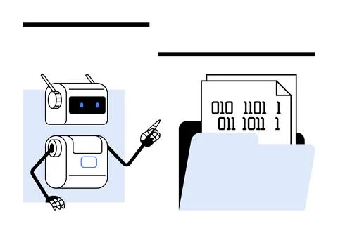 Cute Robot Pointing at File with Binary Code in Folder Stock Illustration