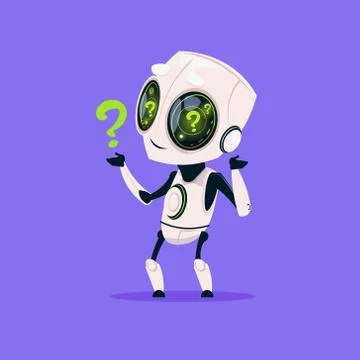 Cute Robot With Question Mark Isolated Icon On Blue Background Modern Technology Illustrazione stock