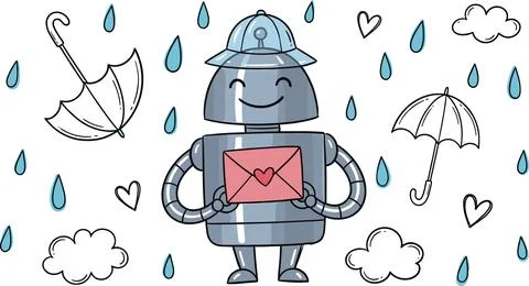 Cute Robot with Rain Hat Holding Love Letter in Rainy Weather Doodle. Stock Illustration