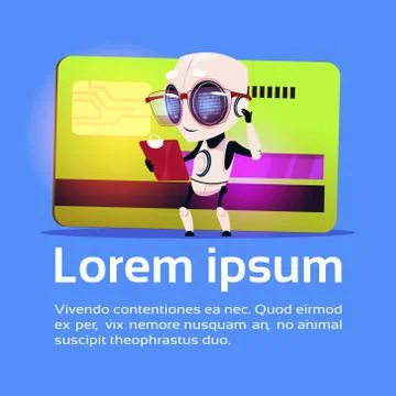 Cute Robot Read Document Papers Standing Over Credit Card Robotic Technology Stock Illustration