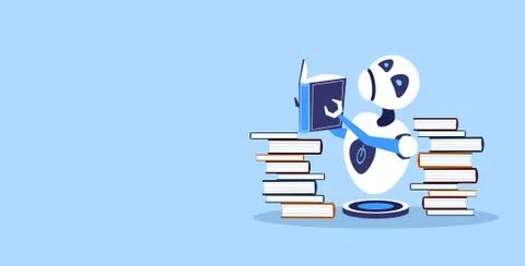 Cute robot reading book robotic character studying artificial intelligence Stock Illustration