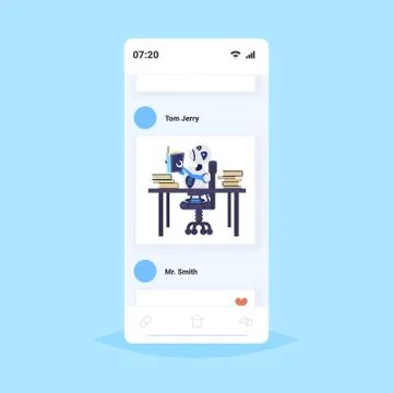 Cute robot reading book robotic character sitting at workplace desk studying Stock Illustration