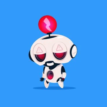 Cute Robot With Red Lightning Low Charge Isolated Icon On Blue Background Modern Stock Illustration