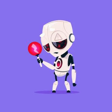 Cute Robot With Red Lightning Low Charge Isolated Icon On Blue Background Modern Stock Illustration