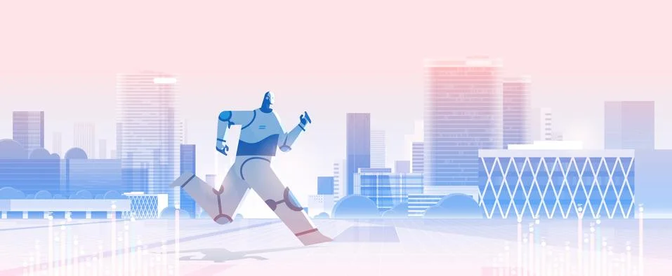 Cute robot running artificial intelligence technology concept cityscape 스톡 일러스트