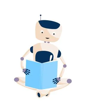 Cute robot seating on the floor and reading a book. Instructions user guide Illustrazione stock