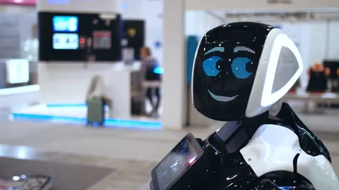 Cute robot shy looking camera with loving smile pixel digital display. Portrait. Stock Footage 139316639