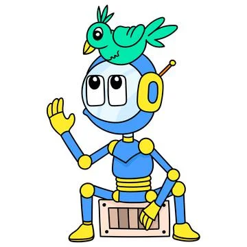 Cute robot is sitting and playing with little bird friends, doodle icon image Stock Illustration