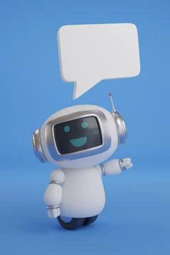 Cute robot with speech bubble on blue background. 3d illustration. Stock Illustration
