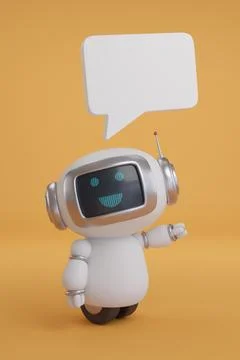 Cute robot with speech bubble on orange background. 3d illustration. Stock Illustration