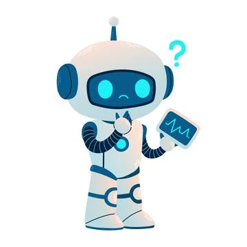 Cute Robot with tablet and question. Cartoon Science Technology Concept Isolated 스톡 일러스트