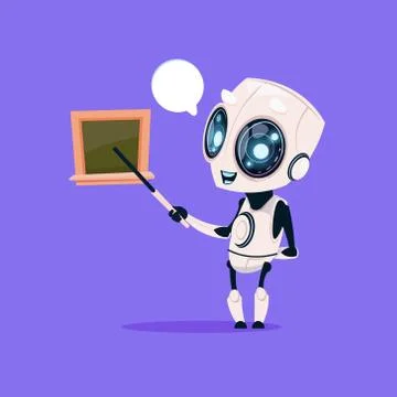 Cute Robot Teacher Hold Pointer Near School Board Isolated Icon On Blue 스톡 일러스트