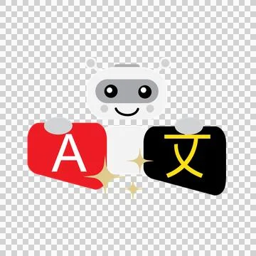 Cute Robot Translator AI Icon with Language Conversion Cards Stock Illustration