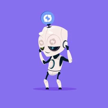 Cute Robot Updating Software Isolated Icon On Blue Background Modern Technology Stock Illustration