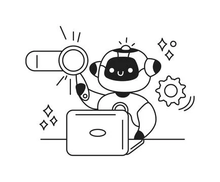 Cute Robot Using Laptop and Magnifying Glass Stock Illustration