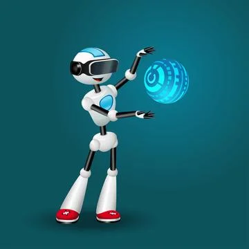 Cute Robot with VR headset and abstract spherical HUD. Vector illustration Stock Illustration