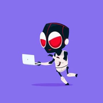 Cute Robot Wear Hacker Mask Use Laptop Isolated Icon On Blue Background Modern Illustrazione stock