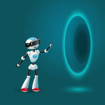 Cute Robot wearing VR headset near teleport portal. Vector illustration Illustrazione stock