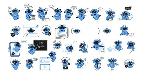 Cute Robotic Character in Various Activities Stock Illustration