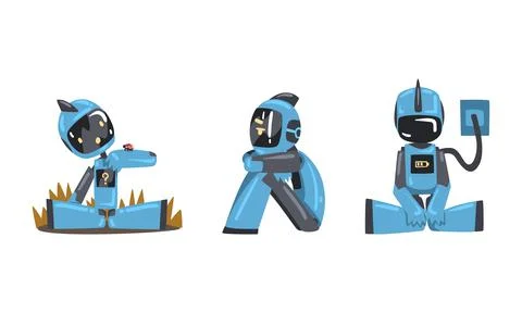 Cute robots in action set. Artificial intelligence, scientific innovation Stock Illustration
