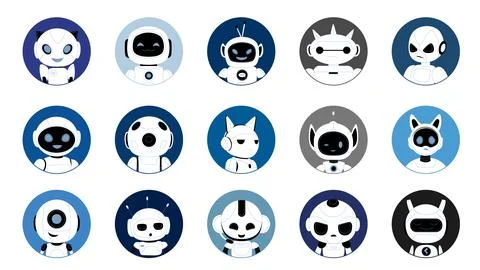 Cute robots avatars set, chat bot heads with different happy and sad expressions Illustrazione stock