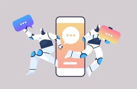 Cute robots with chat bubbles using online mobile chatting app online 스톡 일러스트