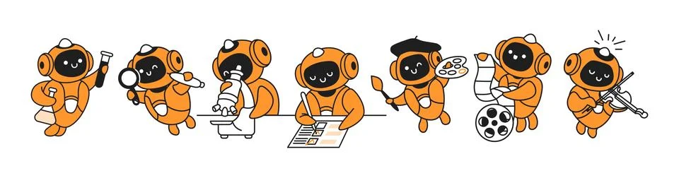 Cute Robots Engaged in Various Creative Activities Stock Illustration
