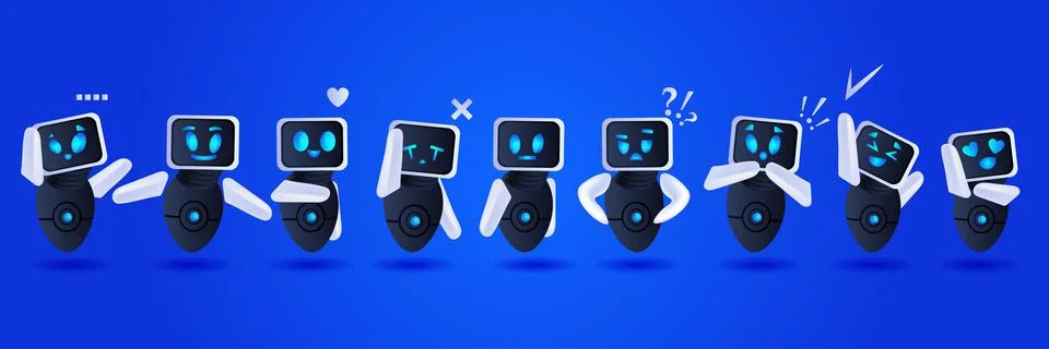 Cute robots group discussing during meeting communication artificial 库存插图