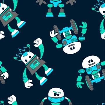 Cute robots in a seamless pattern on navy background Stock Illustration
