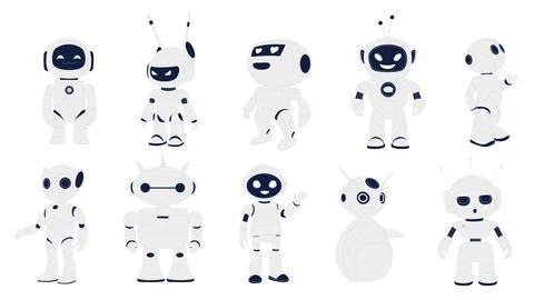 Cute robots set, artificial intelligent assistants, funny futuristic android Stock Illustration