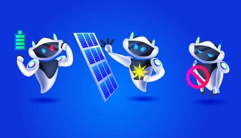 Cute robots with solar panel modern robotic characters team artificial Stock Illustration