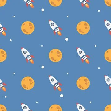 Cute rocket and moon in the space seamless pattern Stock Illustration