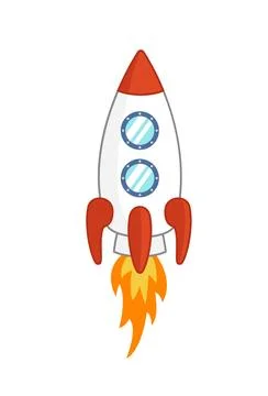 Cute rocket with fire and red elements. Cartoon, vector 스톡 일러스트