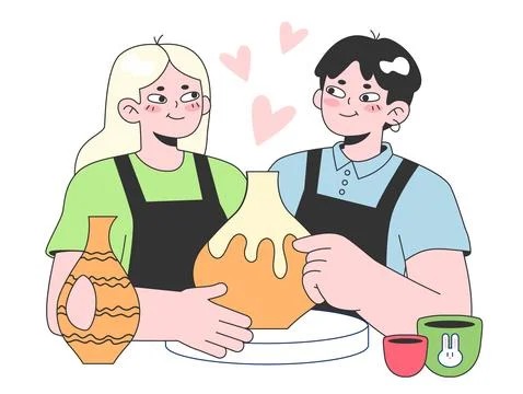 Cute romantic couple at the pottery studio class. Young woman and man Stock Illustration