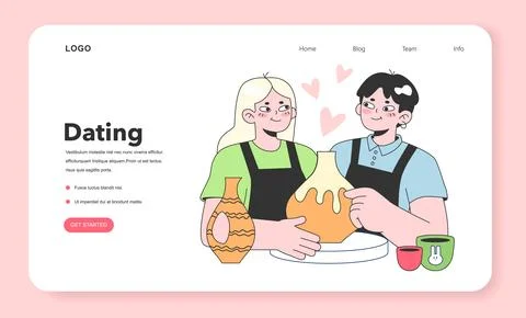 Cute romantic couple at the pottery studio class web banner Stock Illustration