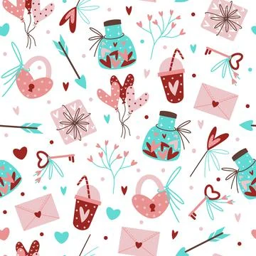 Cute romantic elements seamless vector pattern. Hand-drawn holiday background Illustrazione stock