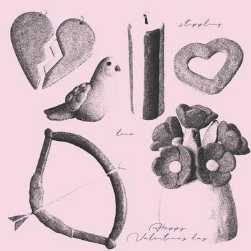 Cute romantic Elements set with a retro photocopy effect. Childish valentine s Illustrazione stock