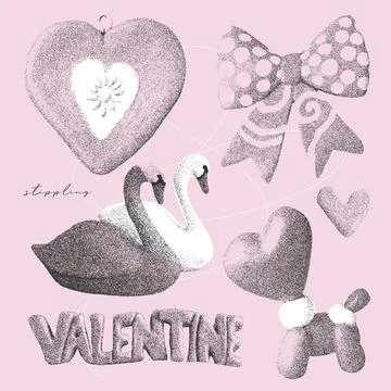 Cute romantic Elements set with a retro photocopy effect. Childish valentine s Stock Illustration