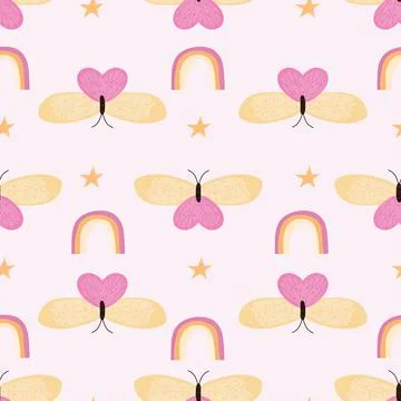 Cute romantic seamless pattern with moth, rainbows and stars for any design. Stock Illustration