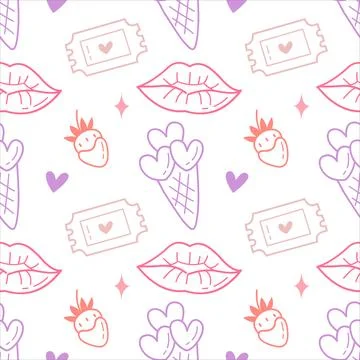 Cute Romantic Valentine Seamless Pattern with Lips, Hearts and Strawberries Stock Illustration