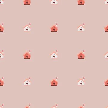 Cute romantic vector seamless pattern with hand-drawn houses and hearts. it c Stock Illustration