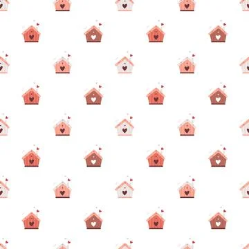 Cute romantic vector seamless pattern with hand-drawn houses and hearts. it c Stock Illustration