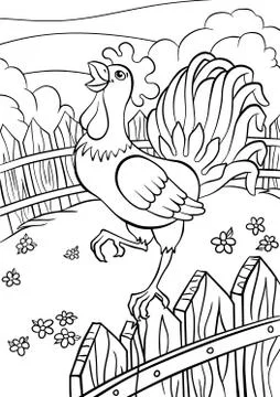 Cute rooster stands on the fence and cries. Stock Illustration