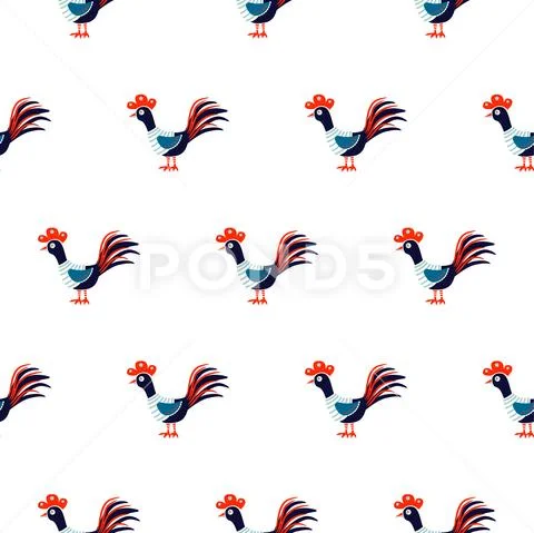 Cute roosters seamless vector pattern on white background. Stock Illustration