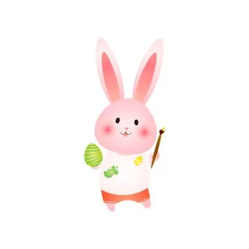 Cute rosy easter bunny paints egg with brush isolated on white background 스톡 일러스트