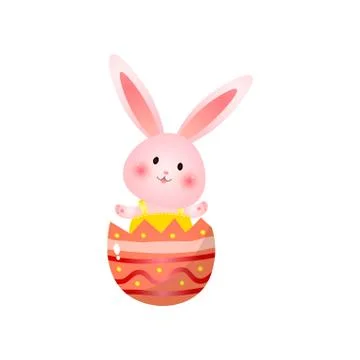 Cute rosy easter bunny sitting in broken egg shell waves hands isolated on white Stock Illustration