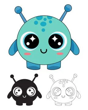 Cute Round Cyan Alien Monster with Starry Eyes and Antenna Vector in Colorf.. Stock Illustration