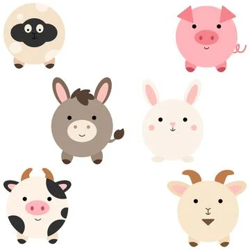Cute Round Farm Animals Set Stock Illustration